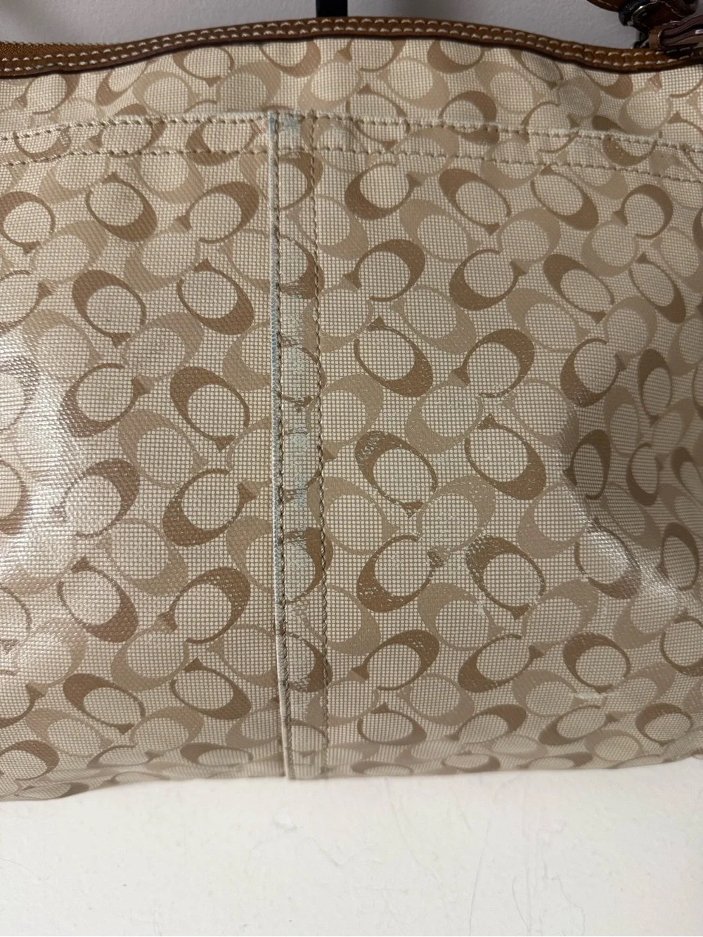 Coach Beige Signature Crossbody with Brown Leather Trim!
